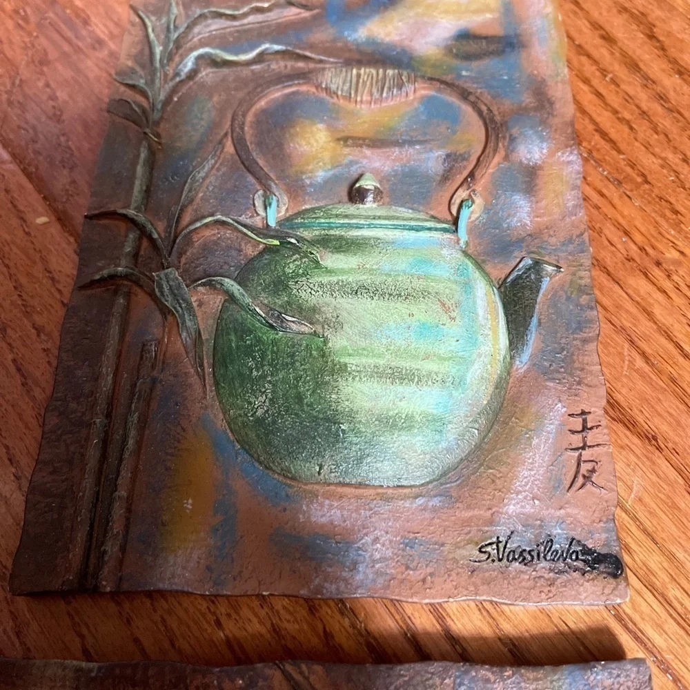 2 Vintage Silvia Vassileva Art Wall Plaque Tiles 1980's Tea Pots 4 7/8